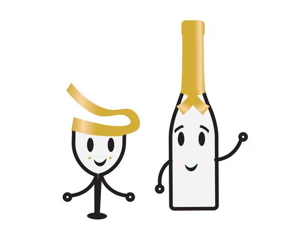 Милый Мультяшный Бокал Вина Золотым Декором Бутылка Шампанского Мультфильма Белом — стоковый вектор