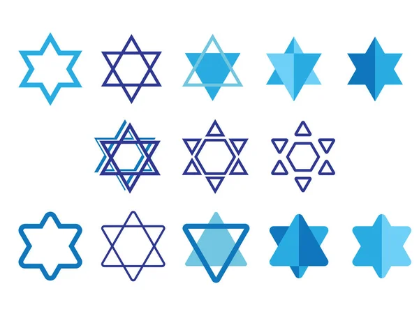 大卫剪贴画之星集 犹太标志蓝色和白色图标在白色背景 — 图库矢量图片