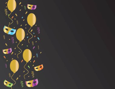 Renkli konfeti ve maskeler siyah zemin üzerine altın balonlar