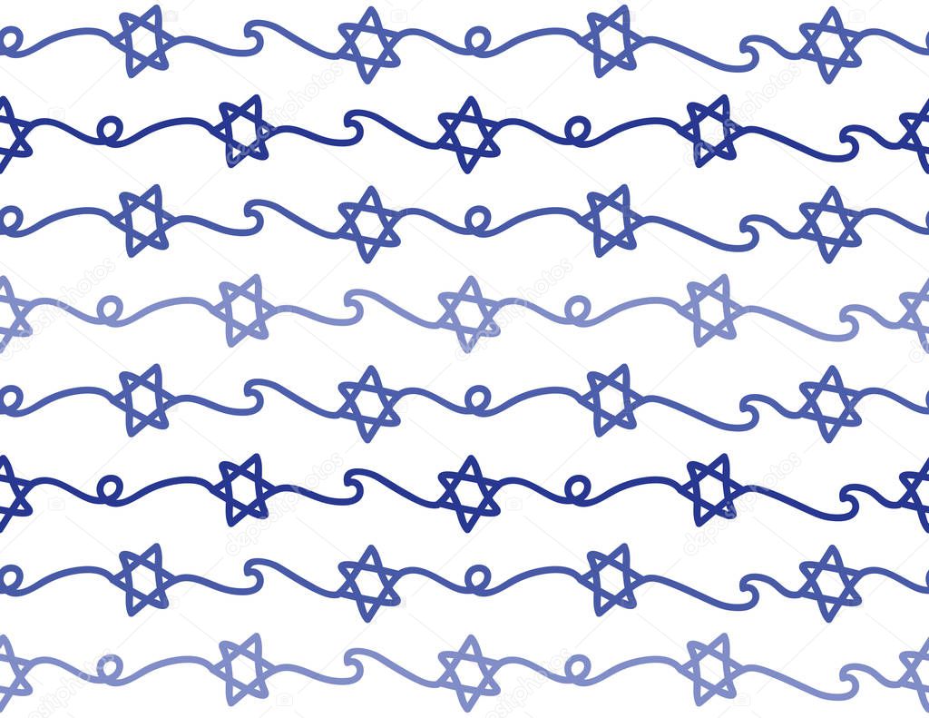 Hand Drawn Blue Star of David seamless pattern on White background