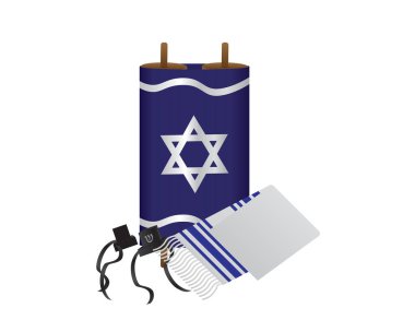 Torah, Tefillin and Tallit - Jewish Religious Symbols on White Background clipart