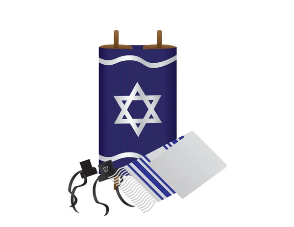 Torá, Tefillin e Tallit - Símbolos religiosos judaicos em fundo branco — Vetor de Stock