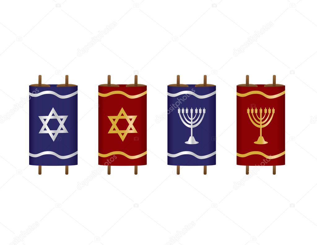 Set of Torah Scroll Vector Illustration with Blue and Red Covers