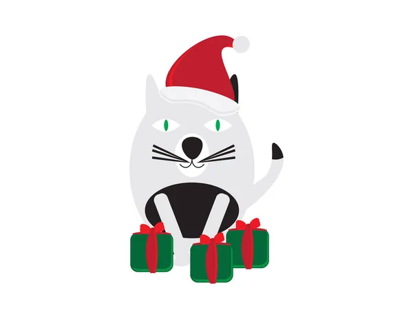 Gatto bianco e nero con cappello rosso e regali rossi verdi — Vettoriale Stock
