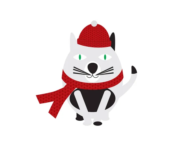 Bianco e nero fumetto gatto indossa cappello e sciarpa lavorati a maglia — Vettoriale Stock