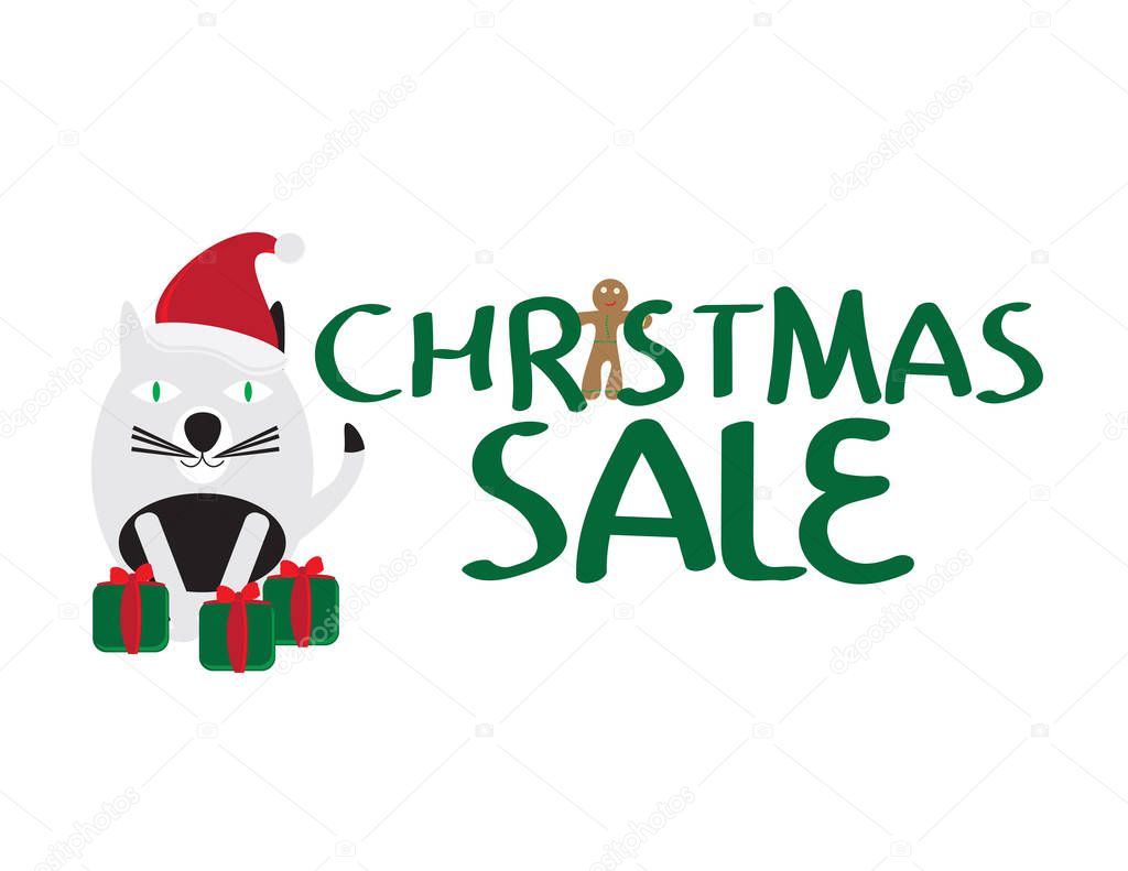 Vector cartoon cat with santa's hat and gifts and Christmas sale logo on White background