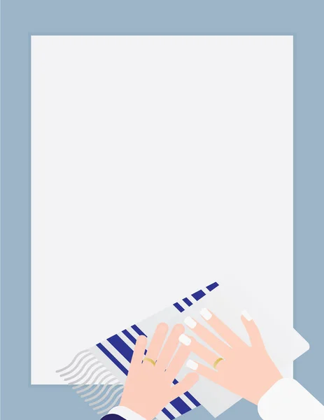 Plantilla de boda judía fondo con Tallit azul blanco y dos manos — Vector de stock