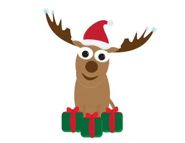 Cute Cartoon Deer with Santa Hat and Green Red Gifts — Stock Vector