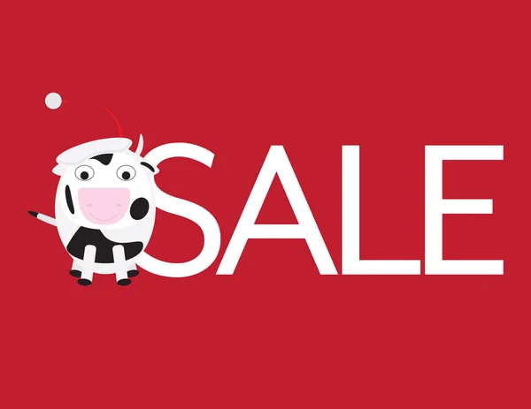 Vendita di Natale Carino mucca con Santa Hat e lettere bianche su sfondo rosso — Vettoriale Stock
