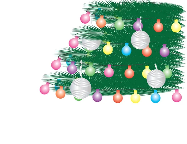 Vector Christmas Tree background Green Leaves, Colorful Light Bunting and Silver Ornaments - Stok Vektor