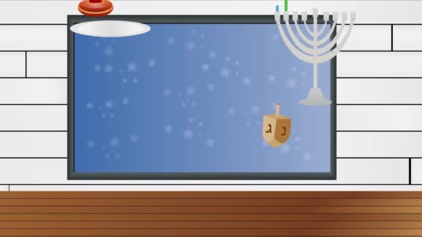 Happy Hanukkah Animated Video Menorah Dreidels Donuts — стокове відео