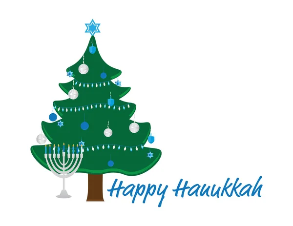 Happy Hanukkah Greeting with Hanukkah Tree and Menorah — Stock Vector