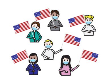 Yüz maskesi takan ve elinde Mavi Amerikan Bayrağı tutan çocuklar.