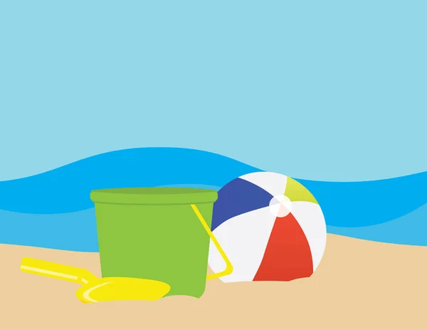 Ilustración Plana Bola Playa Colorida Cubo Juguete Verde Pala Juguete — Vector de stock