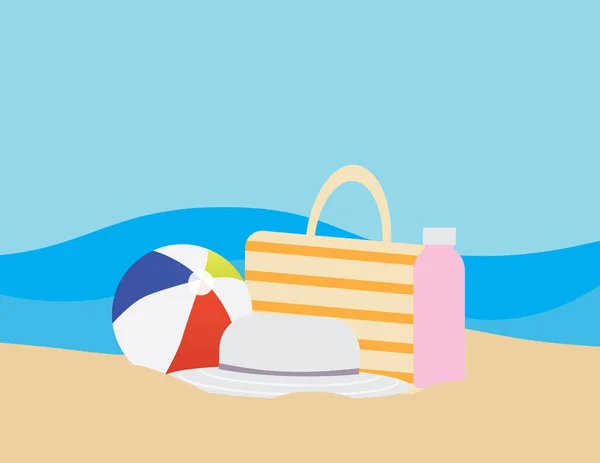 Illustrazione Piatta Pallone Spiaggia Colorato Borsa Spiaggia Borraccia Cappello Sulla — Vettoriale Stock