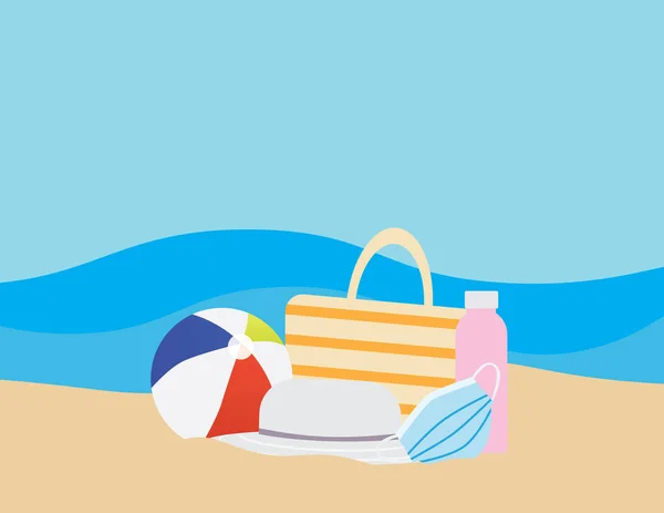 Плоская Иллюстрация Красочного Пляжного Мяча Пляжная Сумка Маска Лица Бутылки — стоковый вектор