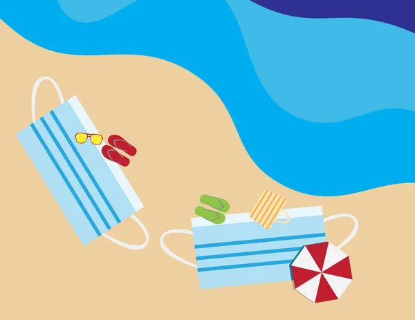 Flat Illustration Face Masks Shape Beach Towels Umbrellas Flip Flops — Stock Vector