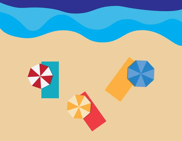 Ilustración Plana Verano Toallas Playa Sombrillas Sobre Arena Fondo Marino — Vector de stock