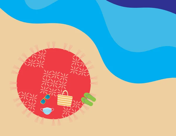 Flat Illustration Beach Blanket Beach Bag Flip Flops Sunglasses Face — Stock Vector