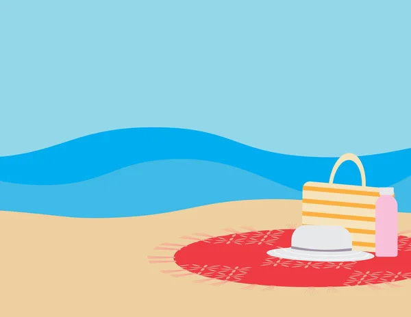 Flat Illustration Beach Bag Water Bottle Hat Beach Blanket Brown — Stock Vector