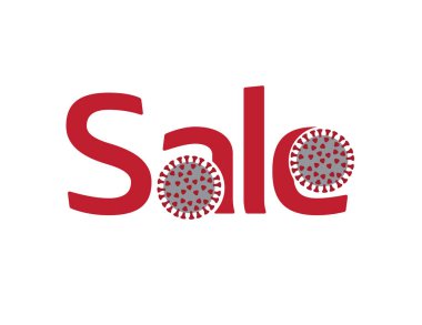 Beyaz arka planda koronavirüs resimli kırmızı satış logosu