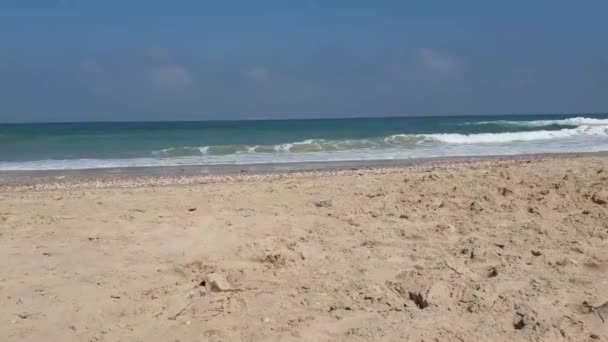 Piaszczysta Plaża Błękitne Niebo Fale Morskie Tło — Wideo stockowe
