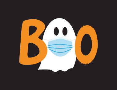 Mavi cerrahi maske takan beyaz hayaletli ve siyah arka planda turuncu harfli bir simge