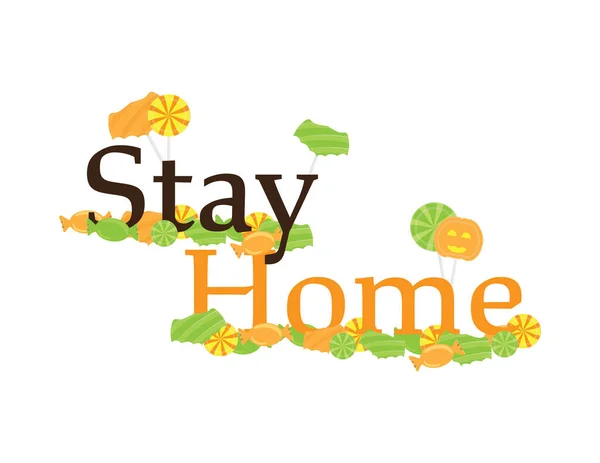 Online Halloween Bruin Oranje Tekst Stay Home Met Oranje Groene — Stockvector