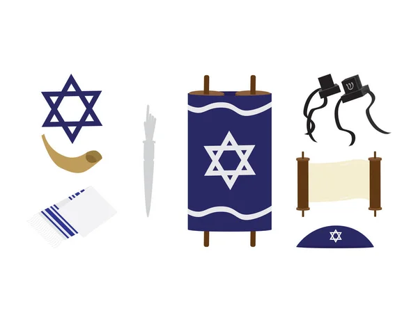 Yahudi sembolleri - Tevrat parşömeni, Davut, Tefillin, Kipah, Tallit, Shofar ve Tevrat 'ın yıldızı