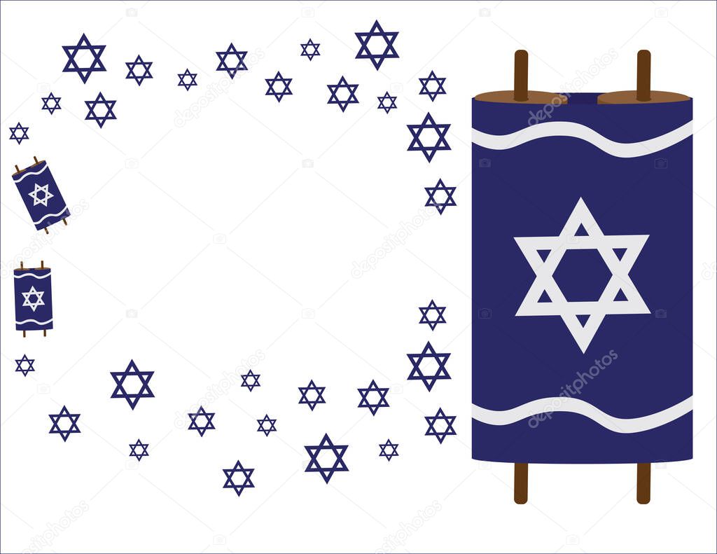 Torah scrolls and Blue star of David symbols on White background