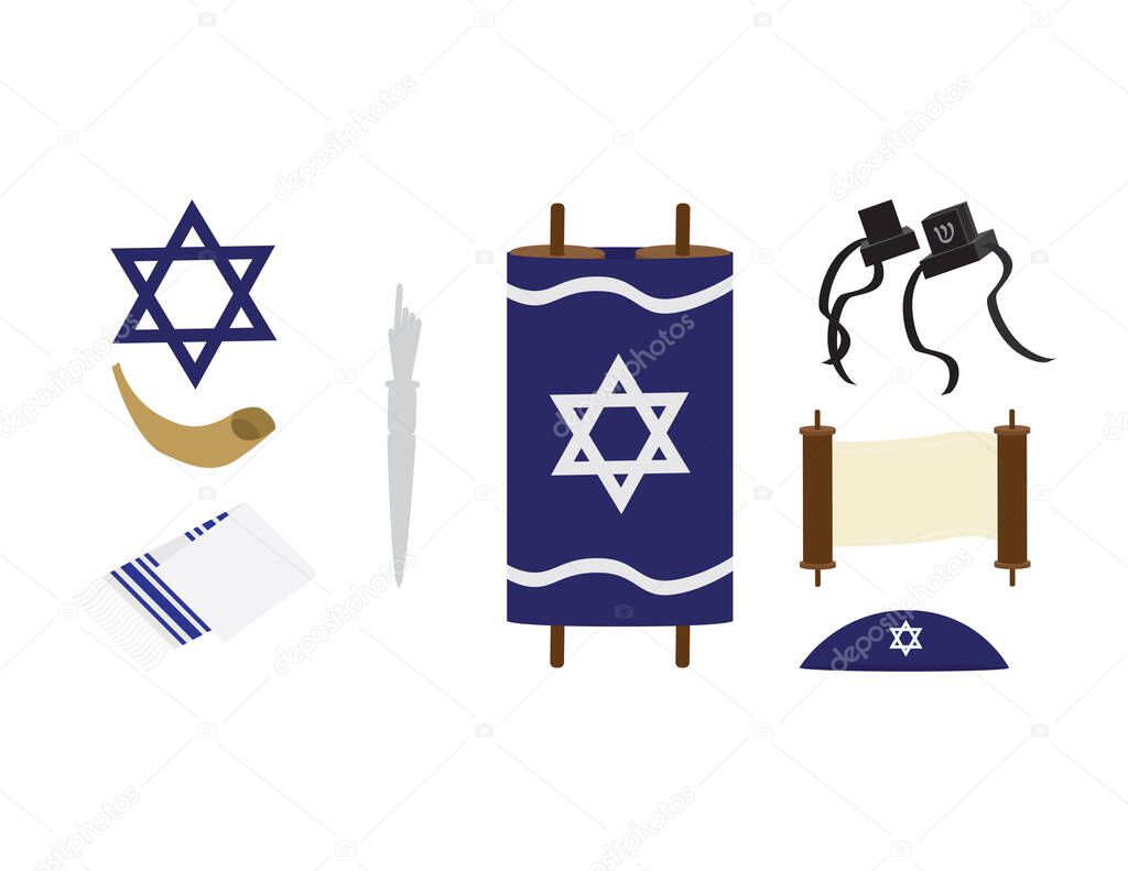 Set of Jewish symbols - Torah scroll, star of David, Tefillin, kipah, Tallit, Shofar and Torah hand on White background