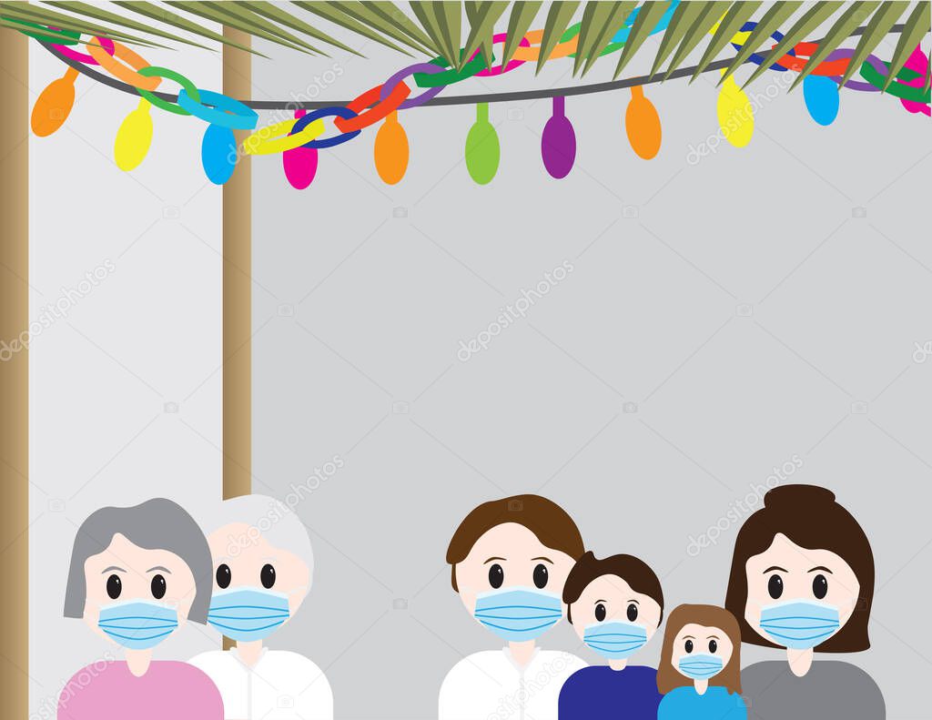 Jewish family - Parents, children and grandparents, in a Sukkah, wearing Blue surgical face masks