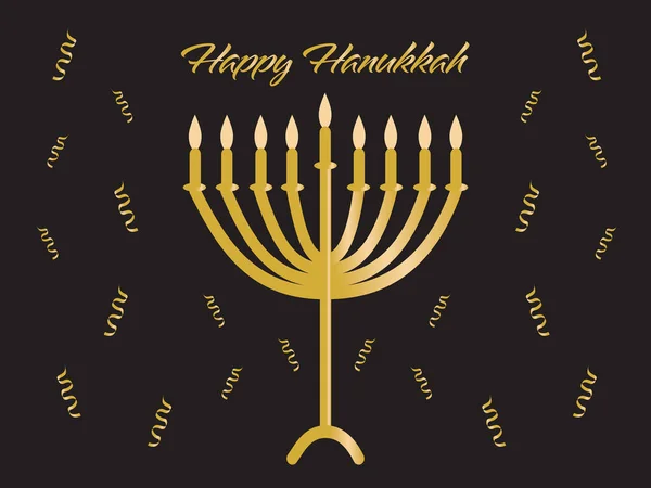 Gold Hanukkah Menorah Candles Happy Hanukkah Greeting Confetti Black Background — Stock Vector