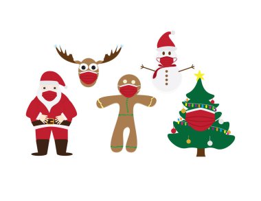Noel Baba, zencefilli kurabiye, süslenmiş Noel ağacı, geyik kafası ve beyaz arka planda kırmızı maskeler takan kardan adam.
