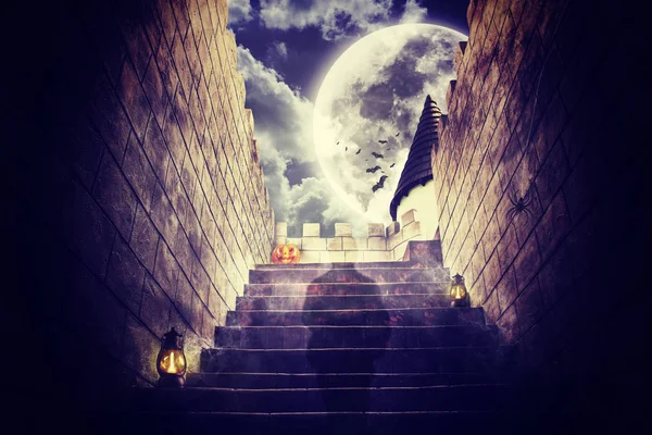 Halloween holiday background concept, Stairway to the roof of the horror castle . — стоковое фото
