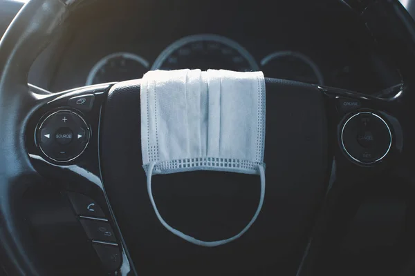 Surgical Mask Placed Steering Wheel Car — Stock Photo, Image