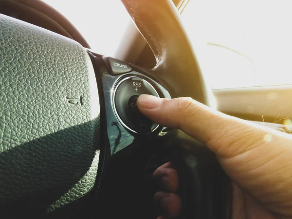 Driver Pressing Cruise Control Button Switch Steering Wheel Car — Stock Photo, Image