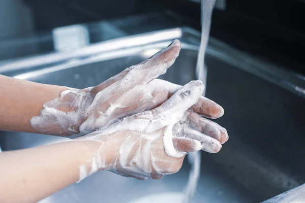 Woman Hand Washing Soap Antibacterial Infection Germs Coronavirus Covid Hygiene — Stock Photo, Image