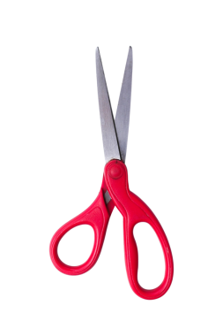 Keskin paslanmaz çelik bıçaklı kırmızı saplı makas, şeffaf arka planda izole, okul, ofis, dikiş ve günlük kullanım için gerekli kesme aracı