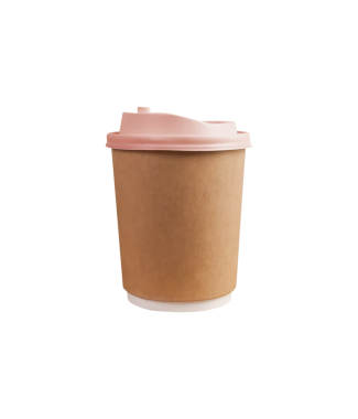 Kahverengi kağıt kollu tek kullanımlık kahve fincanı ve pembe kapaklı, kahve, çay ya da kapuçino gibi sıcak içecekler için çevre dostu yemek kabı, şeffaf arka planda izole edilmiş.