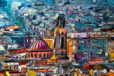 oil painting panoramic view in Barcelona clipart
