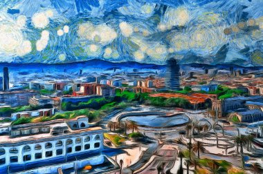 oil painting panoramic view in Barcelona clipart