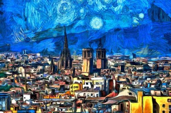 Pintura al óleo vista panorámica en Barcelona — Foto de Stock