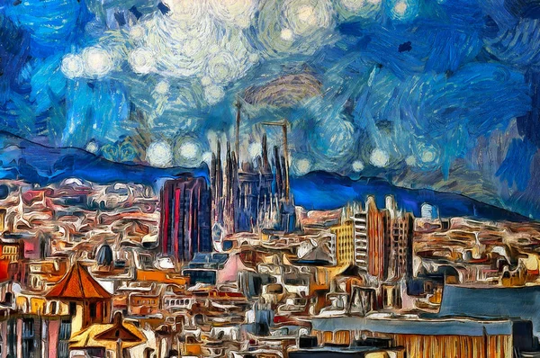 Pintura a óleo vista panorâmica em Barcelona — Fotografia de Stock
