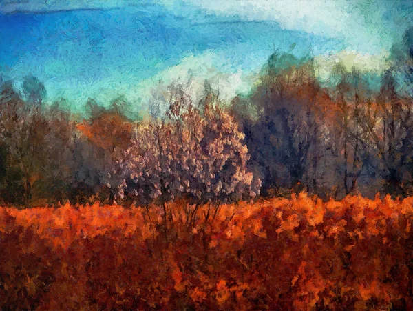 Pintura digital de uma árvore na grama seca — Fotografia de Stock