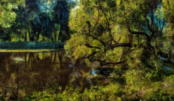 Schöne Malerei. Grüner Baum am Ufer an einem Sommertag — Stockfoto