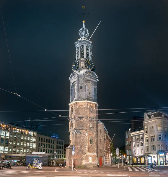 Amsterdam Maio 2018 Vista Noturna Munttoren Esquina Rokin Vijzelstraat Centro — Fotografia de Stock