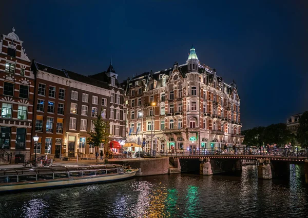 Amsterdam May 2018 Night View Five Star Hotel Europe Corner — Stock Photo, Image