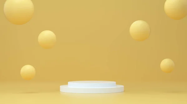 Arka planda süzülen baloncuklu daire şeklinde podyum. Minimum geometrik stüdyo şekli soyut. Renkli Pastel stüdyo. Kozmetik ve ürün konsepti. 3d oluşturma.