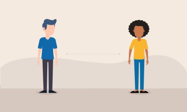 Siyah kadın ve beyaz adam Coronavirus COVID-19 için sosyal uzaklık kavramı. Vektör düz insan illüstrasyonu.